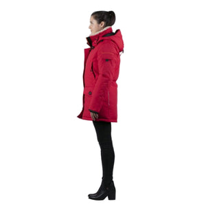Outdoor Survival Canada OSC Womens Kasa US -20C Urban Shearling Trim Down Jacket in Red Alert on a Model Left Side Pose | ScoutTech Outfitters 