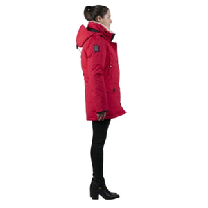 Outdoor Survival Canada OSC Womens Kasa US -20C Urban Shearling Trim Down Jacket in Red Alert on a Model Right Side Pose | ScoutTech Outfitters 