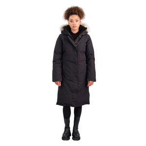 OS1101 Outdoor Survival Canada OSC Women's Nuaja Down Parka in Orca Black Front Pose -40°C/F | ScoutTech Outfitters Mississauga Store