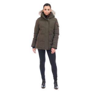 Outdoor Survival Canada OSC Women's Nukka -40 Down Parka in Alpine Moss on Model Front View | ScoutTech Mississauga Store