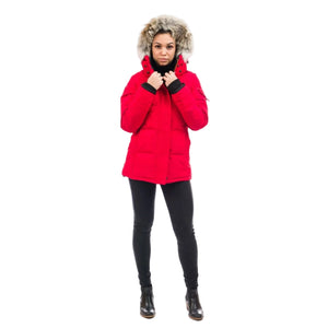 Outdoor Survival Canada OSC Women's Nukka -40 Down Parka in Red Alert on Model Front View | ScoutTech Outfitters Mississauga Store