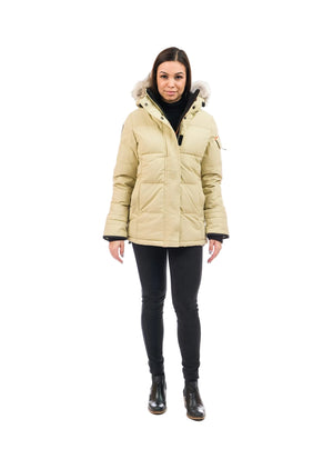 Outdoor Survival Canada OSC Women's Nukka -40 Down Parka in Sand Buff on Model Front View | ScoutTech Outfitters