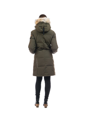 Outdoor Survival Canada OSC Women's Siku -40 Down Knee Length Parka with Coyote fur Trim in Alpine Moss Back View | ScoutTech Mississauga Store