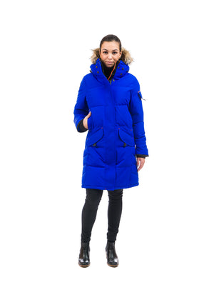 Outdoor Survival Canada OSC Women's Siku -40 Down Parka in Arctic Blue Front View on a Model | ScoutTech Outfitters Store