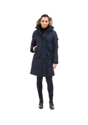 Outdoor Survival Canada OSC Women's Siku -40 Down Parka in Cold Lake Blue Front View on a Model | ScoutTech Mississauga Store