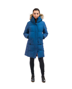 Outdoor Survival Canada OSC Women's Siku -40 Down Parka in Indigo Blue Front View on a Model |