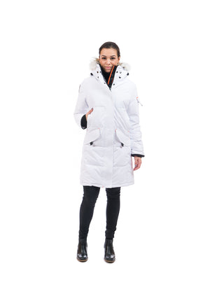 Outdoor Survival Canada OSC Women's Siku -40 Down Parka in Pure White Front View on a Model | ScoutTech Mississauga