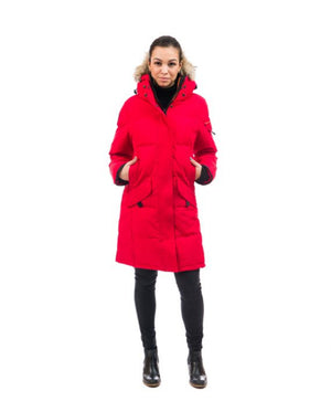 Outdoor Survival Canada OSC Women's Siku -40 Down Parka in Red Alert Front View on a Model | ScoutTech Outfitters