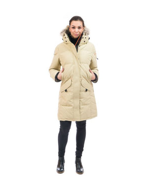 Outdoor Survival Canada OSC Women's Siku -40 Down Parka in Sand Buff Front View on a Model | ScoutTech Outfitters