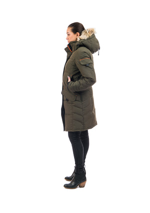 Outdoor Survival Canada OSC Women's Siku -40 Parka in Alpine Moss Left Side View on Model | ScoutTech Outfitters