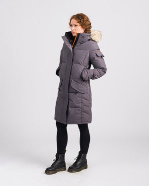 Outdoor Survival Canada OSC Women's Siku -40 Parka in Charcoal Grey Left Side View on Model |