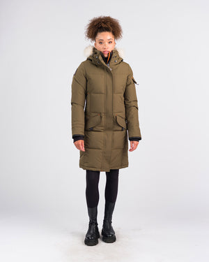 Outdoor Survival Canada OSC Women's Siku -40 Parka in Military Green Front View on Model | ScoutTech Outfitters Mississauga Store