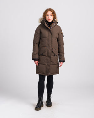 Outdoor Survival Canada OSC Women's Siku Down Knee Length Parka with Coyote fur Trim in Alpine Moss | ScoutTech Outfitters Mississauga Store