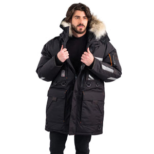 Outdoor Survival Canada Unisex OSC Mission Expedition -60°C Down Parka in Black On Male Model Half-Zip View | ScoutTech Outfitters