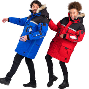 Outdoor Survival Canada Unisex OSC Mission Expedition Down Parka in Blue On Male Model and Red on Female Model | ScoutTech Outfitters
