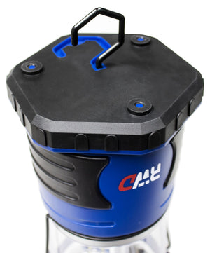 Rockwater Designs 600 Lumens Camp Lantern in Blue and Black Showing Hideaway Hanging Handle and Bottom Rests | ScoutTech Outfitters Mississauga Store