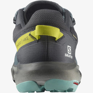 Salomon Women's Predict Hike GTX Waterproof Shoes Heel Views in Grey and Blue with Yellow Pull Tab | ScoutTech Mississauga Store