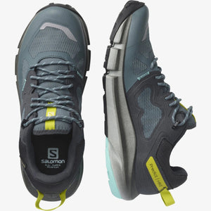 Salomon Womens Predict Hike GTX Waterproof Shoes Upper and In-Step Views in Grey and Blue with Yellow Accents | ScoutTech Outfitters Mississauga