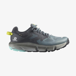 Salomon Women's Predict Hike GTX Waterproof Shoes Side View in Grey and Blue with Mint and Yellow Accents  | ScoutTech Outfitters
