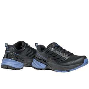 Scarpa Women's Rush GTX Waterproof Hiking Shoes in Black with Lavender Accents Side and Heel View | ScoutTech Outfitters
