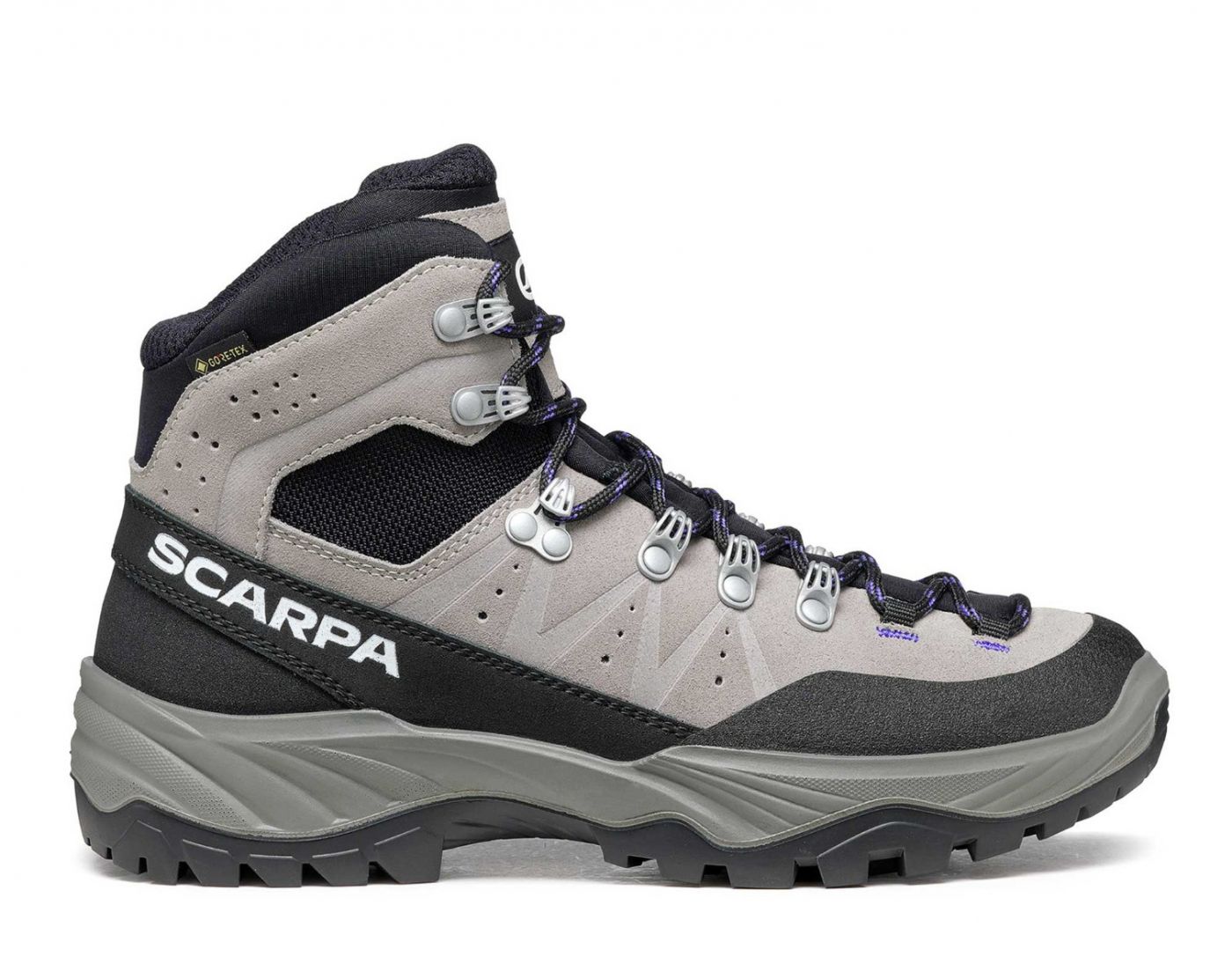 Scarpa Women's Boreas GTX Waterproof Trekking Boots in Grey and Black Logo View | ScoutTech Outfitters Mississauga Store