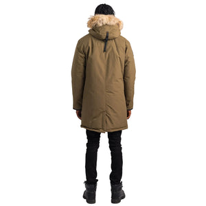 Outdoor Survival Canada OSC Men's Nevluk -40 Down Parka in Military Green Back View on Model | ScoutTech