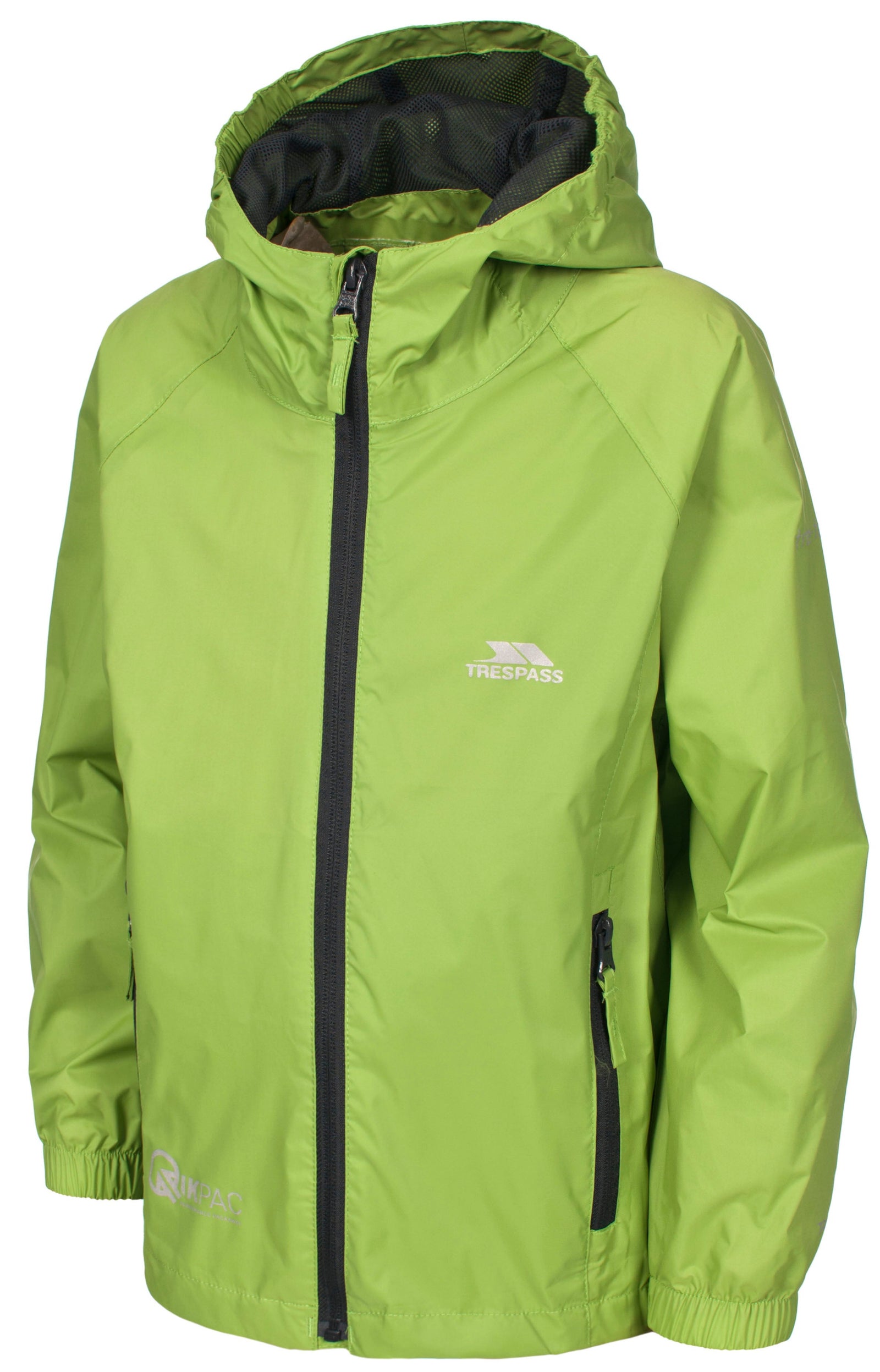 Trespass Kids Qikpac Rain Jackets in Green Apple with Grey Zippers | ScoutTech Outfitters