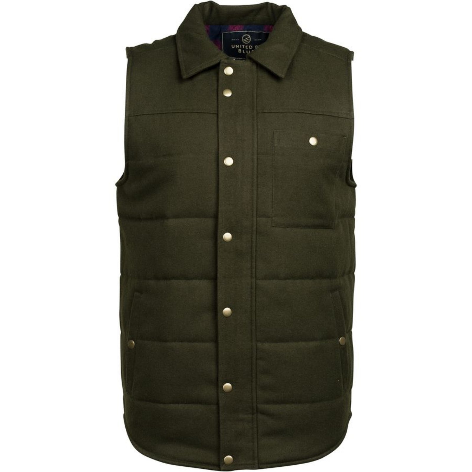United By Blue Men's Drummond Down Filled Wool Vests with Organic Cotton Lining.  Forest Green Colour with Blue and Red Plaid Liner with Brass Coloured Snaps on chest and hand pockets and zipper cover flap. | ScoutTech Outfitters Mississauga Store