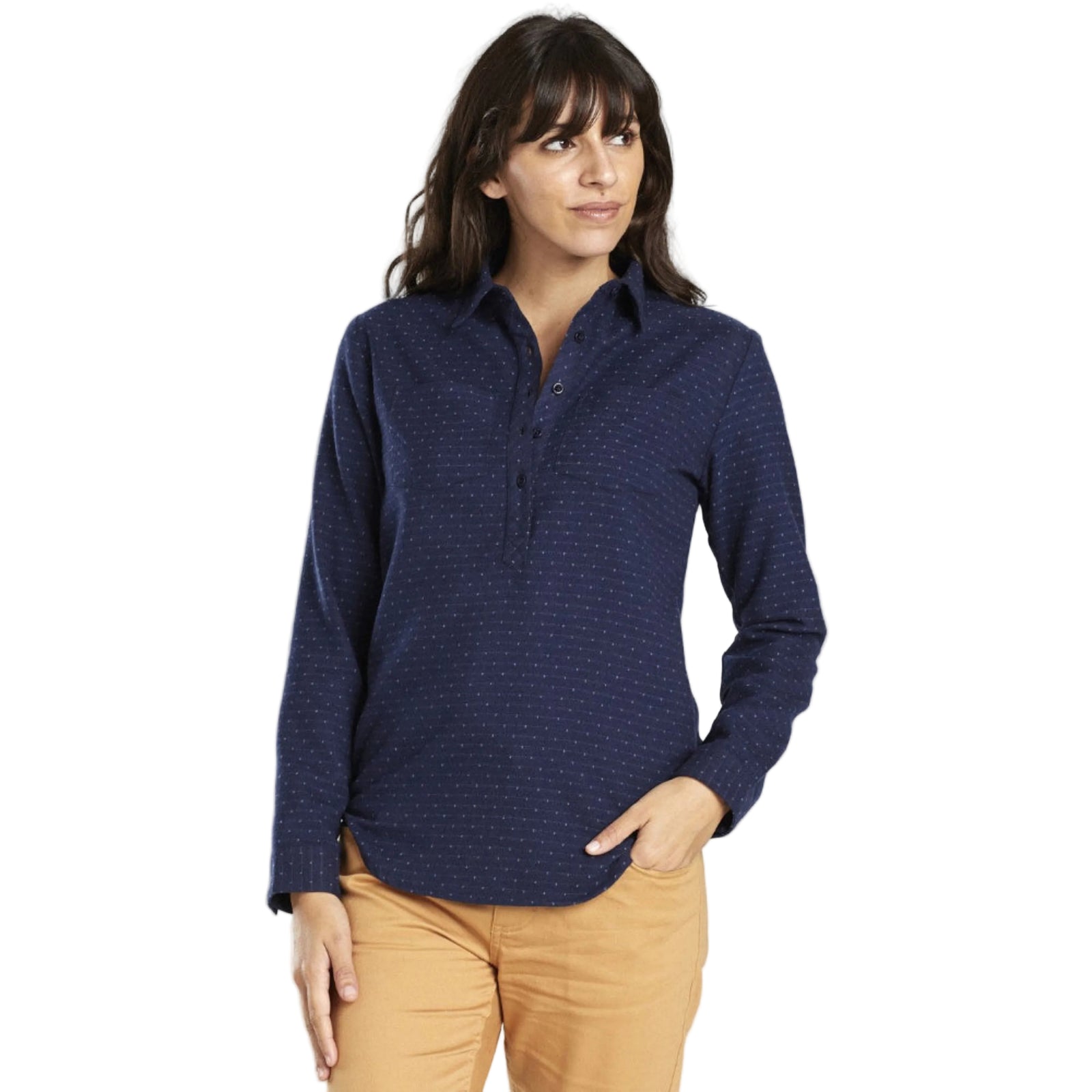 United By Blue Women's Lore Wool Popover Shirts in Navy Blue with White Dots and Half Button Closure | ScoutTech Outfitters Mississauga Store