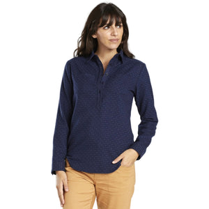 United By Blue Women's Lore Wool Popover Shirts in Navy Blue with White Dots and Half Button Closure | ScoutTech Outfitters Mississauga Store