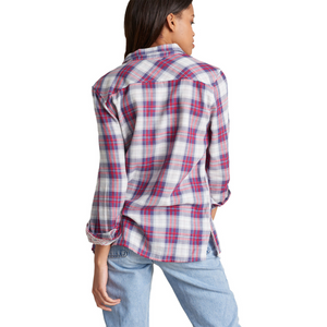 United By Blue Womens Stargrass Relaxed Plaid Shirts in Red, Purple and Blue Checks Back View on Female Model | ScoutTech Outfitters Mississauga Store