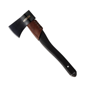 Woox AX1 Axe in Phantom Black with Octagonal Appalachian Hickory Wooden Handle Forged Steel Blade and Brown Leather Collar with Woox Logo Painted in Gold | ScoutTech Outfitters Mississauga Store